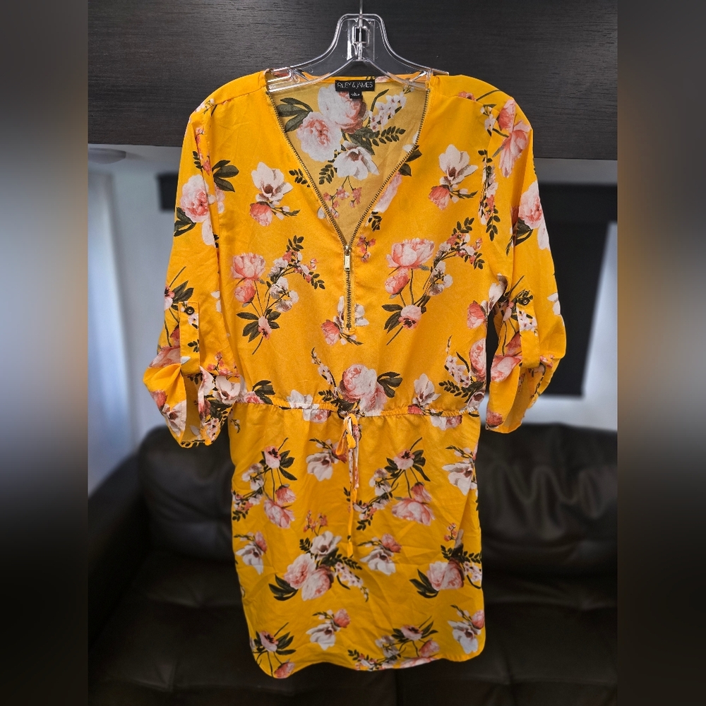 Riley & James, Yellow Floral Drawstring Tunic Dress